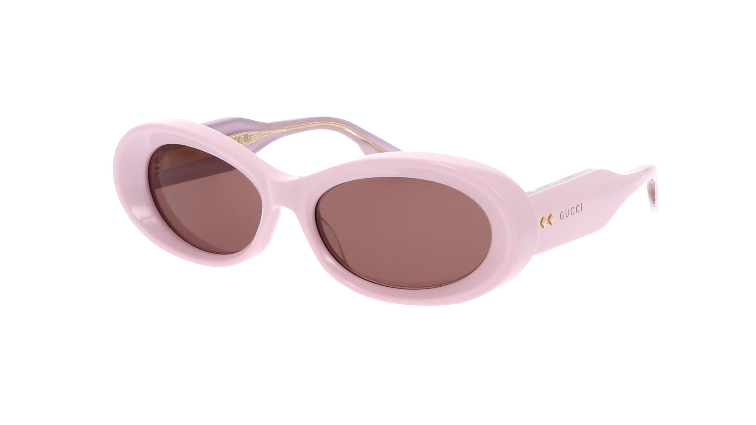 Gucci GG1527S 003 — roze acetate zonnebril met goudkleurig logo en klinknagels