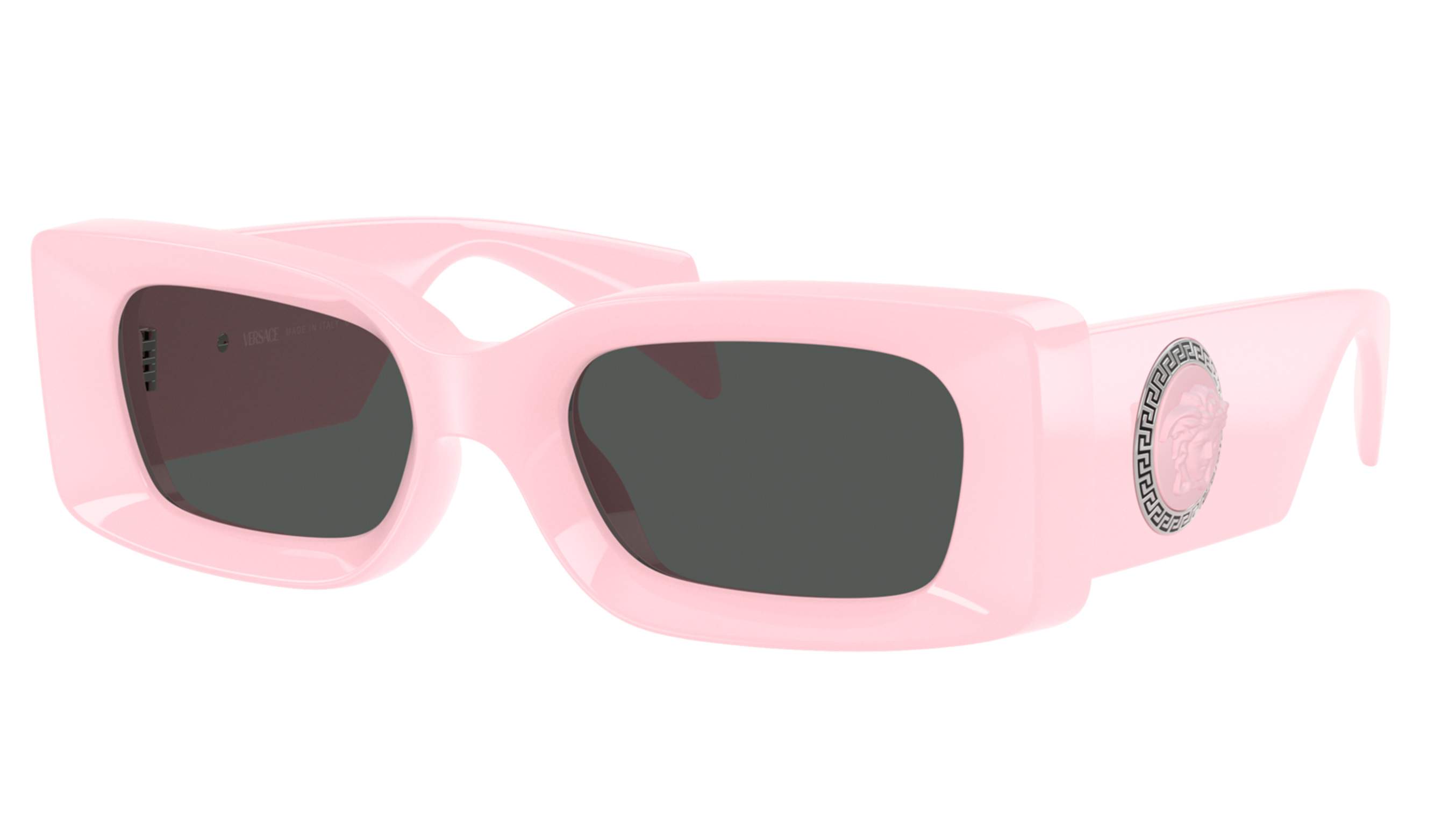 Versace VE4474U 548587 — levendige roze rechthoekige zonnebril met Medusa-embleem